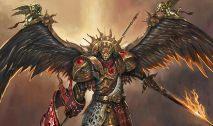 HD PC desktop wallpaper featuring a Warhammer 40k character with dark wings, ornate armor, and a fiery background, capturing the game's intense and epic atmosphere.