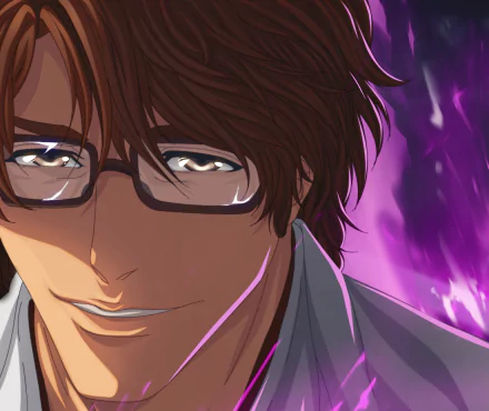 HD anime desktop wallpaper featuring Sōsuke Aizen from Bleach with a close-up of his face, glasses, and a purple energy aura in the background.