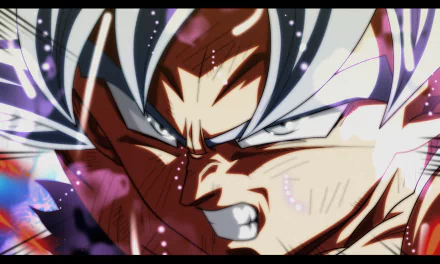 Close-up of Goku in Ultra Instinct form from Dragon Ball Super, depicted with intense expression and glowing white hair in this HD anime desktop wallpaper.