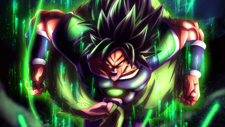 Broly from Dragon Ball Super: Broly anime, shown in intense power-up pose with vivid green energy, rendered in stunning 8K Ultra HD for PC desktop wallpaper.