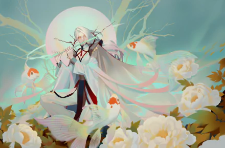 yellow eyes long hair flute fish white hair Anime Original HD Desktop Wallpaper | Background Image