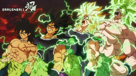 HD PC desktop wallpaper featuring Broly in Dragon Ball Super: Broly, showcasing powerful Super Saiyan and Super Saiyan Green transformations with glowing energy effects.