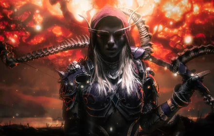 HD desktop wallpaper of Sylvanas Windrunner, the dark elf warrior from World of Warcraft, depicted with glowing eyes and a fiery background.