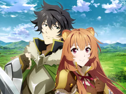 HD wallpaper of Raphtalia and Naofumi Iwatani from The Rising of the Shield Hero anime, featuring vibrant green scenery in the background.