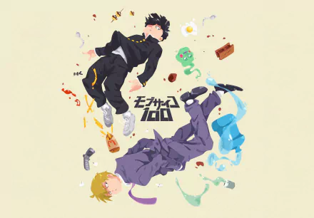 HD desktop wallpaper featuring characters from Mob Psycho 100: Shigeo Kageyama, Arataka Reigen, and Ekubo, floating with various objects around them against a light background.