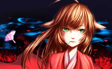 Anime-style HD desktop wallpaper featuring Tushan Susu from Fox Spirit Matchmaker with long brown hair, green eyes, and a red outfit against a dark, mystical background.