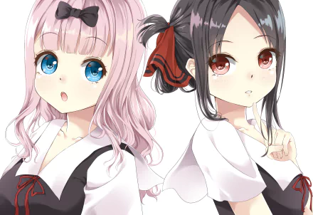 HD desktop wallpaper from Kaguya-sama: Love is War featuring characters Chika Fujiwara and Kaguya Shinomiya in detailed anime style.
