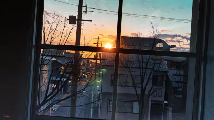 A high-definition anime wallpaper featuring a serene sunset view from a window overlooking rooftops and power lines against a pastel sky.