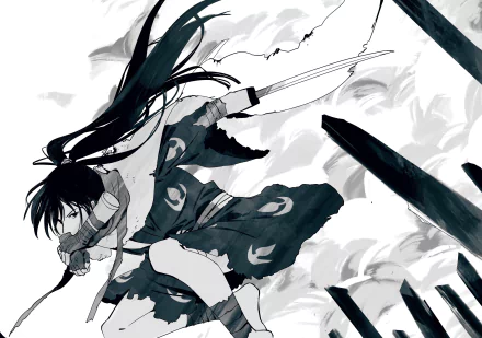 HD PC desktop wallpaper featuring Hyakkimaru from the anime Dororo, depicted in dynamic black and white action pose with flowing hair and traditional attire.