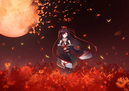 Higanbana (Onmyoji) anime character amid red spider lilies under a blood-orange moon, petals and butterflies swirling — HD PC desktop wallpaper/background art from Onmyoji.