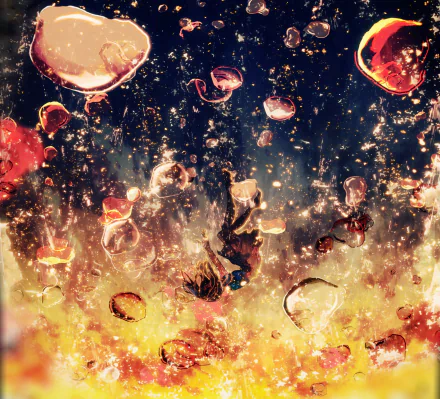 A vibrant anime-style HD desktop wallpaper depicting colorful water drops falling, capturing dynamic motion and fluid beauty in an original artistic design.