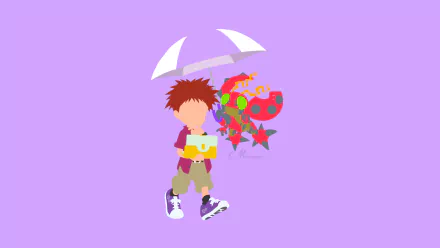 Vector HD PC desktop wallpaper: minimalist flat anime of Koushiro Izumi with laptop and Tentomon hovering under an umbrella on a solid lavender background.
