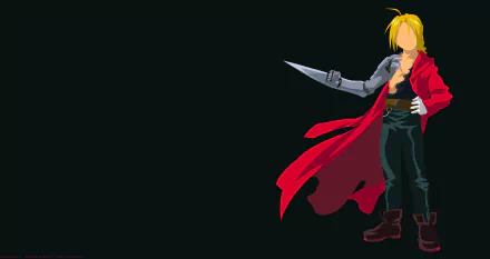 Minimalist 8K Ultra HD anime wallpaper featuring Edward Elric from Fullmetal Alchemist: Brotherhood with his iconic red coat and automail arm on a dark background.