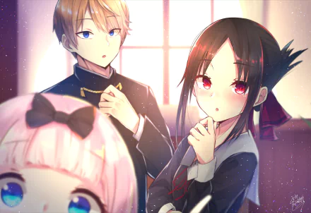 HD desktop wallpaper from Kaguya-sama: Love is War featuring characters Miyuki Shirogane, Kaguya Shinomiya, and Chika Fujiwara in a school setting.