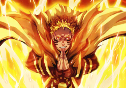 HD PC desktop wallpaper featuring Naruto Uzumaki from the anime Naruto, surrounded by fiery golden chakra and performing a hand sign with an intense expression.