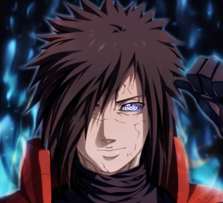 HD anime desktop wallpaper featuring Madara Uchiha from Naruto with glowing eyes and dark energy aura.