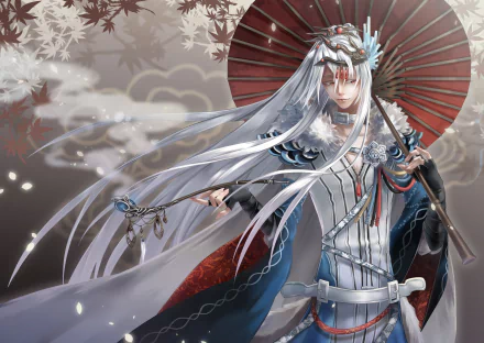 Anime Thunderbolt Fantasy 2K Quad HD PC desktop wallpaper background: white‑haired, armored robed warrior with a red oil‑paper umbrella, flowing hair and ornate sword amid misty clouds and decorative motifs.