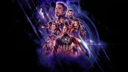 HD desktop wallpaper of Avengers: Endgame featuring iconic characters including Iron Man, Captain America, Thor, Black Widow, Hulk, and others, set against a cosmic background with the Avengers logo.