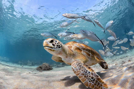 Underwater HD wallpaper featuring a sea turtle swimming among fish in clear ocean water, showcasing vibrant sea life and marine animals.