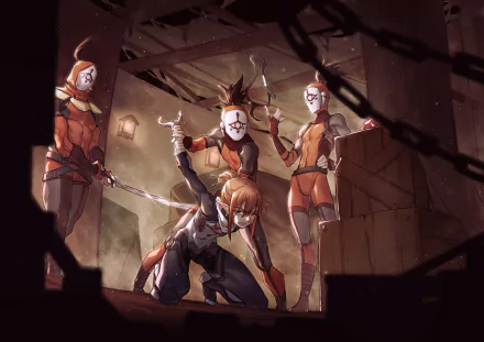 HD PC desktop wallpaper featuring Link from The Legend of Zelda: Breath of the Wild surrounded by masked enemies in a dimly lit, tense scene.