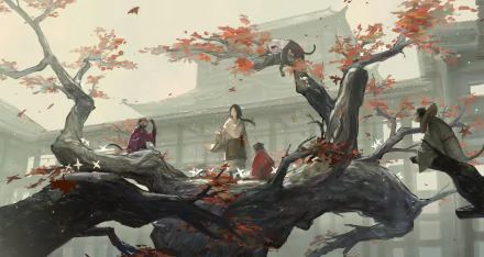 HD PC desktop wallpaper from the video game Sekiro: Shadows Die Twice, featuring characters around a large, twisted tree with red leaves in a traditional Japanese setting.