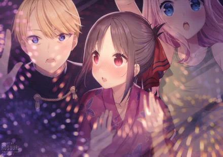 Chika Fujiwara, Miyuki Shirogane, and Kaguya Shinomiya from the anime Kaguya-sama: Love is War are depicted in this HD desktop wallpaper, featuring vibrant colors and expressive character designs.