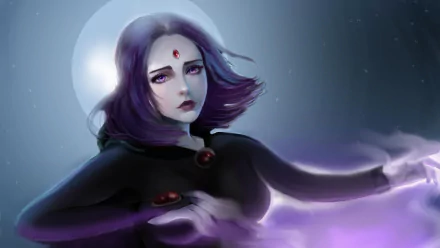 HD PC desktop wallpaper featuring Raven from DC Comics, depicted with glowing eyes and mystical purple energy against a dark, starry background.
