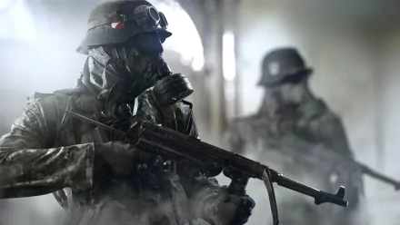 HD desktop wallpaper featuring a detailed scene from the video game Battlefield V, showing a soldier in combat gear and a gas mask, holding a rifle, with another soldier in the background amidst the smoke.