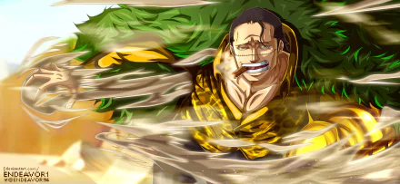 HD anime wallpaper featuring Crocodile from One Piece with dynamic motion effects and intense expression, designed for PC desktop backgrounds.