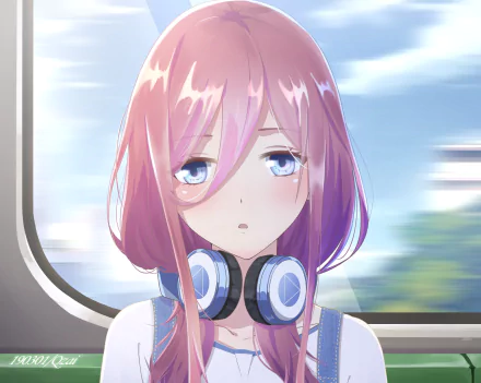 Anime-style HD desktop wallpaper featuring Miku Nakano from The Quintessential Quintuplets with pink hair, aqua eyes, and headphones against a blurred background.