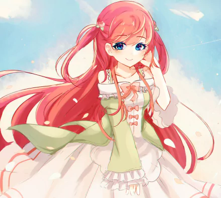 Thesia van Astrea from Re:Zero anime, depicted with flowing red hair and a green dress against a bright sky, featured in an HD PC desktop wallpaper.