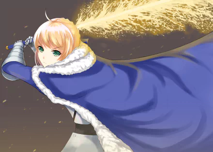 4K Ultra HD anime wallpaper featuring Artoria Pendragon, also known as Saber from Fate/Grand Order, wielding her sword with a flowing blue cloak.