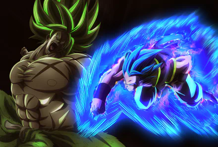 4K Ultra HD PC wallpaper of Super Saiyan Green Broly roaring beside Super Saiyan Blue Gogeta charging through a blue energy trail, Dragon Ball Super: Broly anime art.