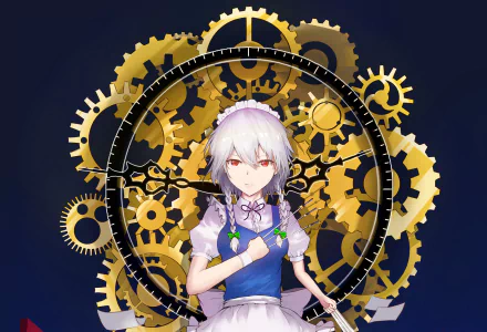 Sakuya Izayoi (Touhou) anime wallpaper: silver-haired maid in blue and white holding knives before ornate golden clockwork gears — 2K Quad HD PC desktop background