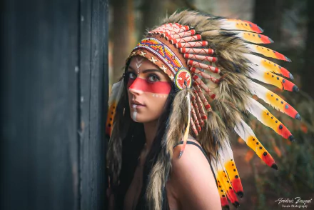 HD desktop wallpaper: close-up portrait of a brown-eyed model woman wearing a colorful feathered, tribal-style headdress.