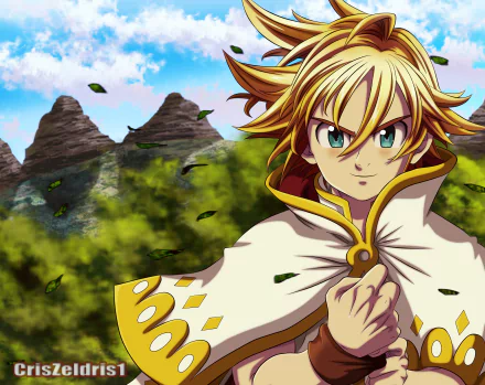 HD desktop wallpaper featuring Meliodas with green eyes and blonde hair from The Seven Deadly Sins the Movie: Prisoners of the Sky, set against a mountain backdrop.