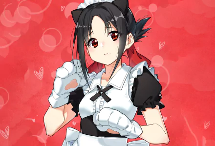 HD wallpaper of Kaguya Shinomiya from the anime Kaguya-sama: Love is War, dressed in a maid outfit with a cat-ear headband against a pink background with heart motifs.