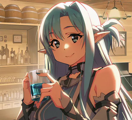 HD desktop wallpaper featuring Asuna Yuuki from the anime Sword Art Online, depicted with teal hair and a confident smile in a warmly lit bar setting.