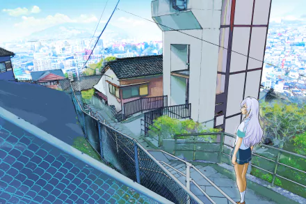 Hitomi Tsukishiro, Iroduku: The World in Colors — anime HD PC wallpaper/background: Hitomi in school uniform stands on hillside stairs, gazing over a sunlit cityscape beneath a blue sky.