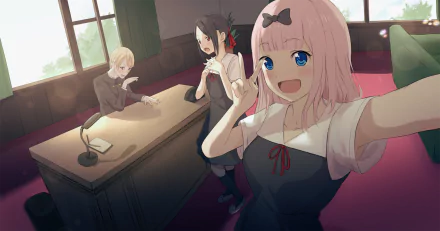 HD PC desktop wallpaper from the anime Kaguya-sama: Love is War, featuring Chika Fujiwara, Miyuki Shirogane, and Kaguya Shinomiya in a classroom setting.