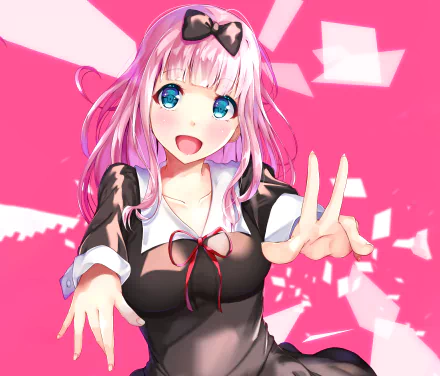 HD anime desktop wallpaper featuring Chika Fujiwara from Kaguya-sama: Love is War with pink hair, bright blue eyes, and a playful expression on a vibrant pink background.