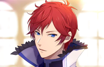 HD PC desktop wallpaper/background of Reinhard van Astrea from the Re:Zero anime — close-up portrait: red hair, blue eyes, white-blue collar, soft glowing window backdrop.