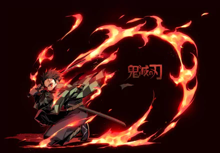 HD desktop wallpaper featuring Tanjiro Kamado from Demon Slayer: Kimetsu no Yaiba, wielding a katana with fiery Hinokami Kagura technique, red eyes focused in a dynamic pose.