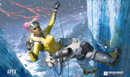 Lifeline from Apex Legends swings on a rope in a snowy mountain landscape, depicted in vibrant 4K Ultra HD for a PC desktop wallpaper.