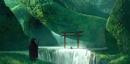 Fantasy-themed HD PC desktop wallpaper featuring a lone man in a hat standing by a waterfall, with a red torii gate framed by lush, moss-covered arches in a mystical forest.