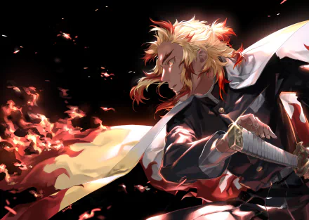 HD wallpaper featuring Kyojuro Rengoku from Demon Slayer: Kimetsu no Yaiba. The image depicts Kyojuro wielding a sword with flames, set against a dark background.