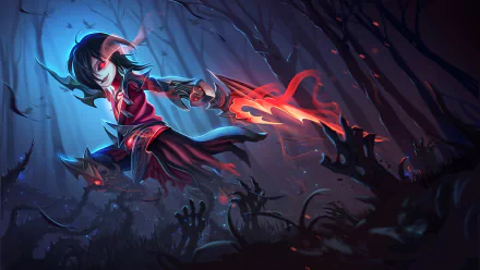 HD anime desktop wallpaper featuring a dark warrior wielding a fiery sword in a shadowy forest at night, embodying the intense atmosphere of dark anime.