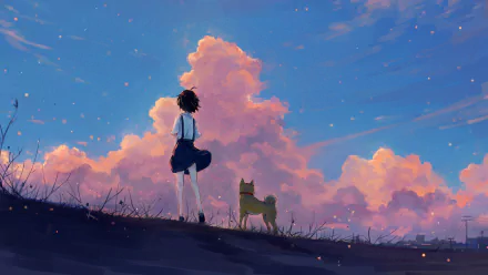 HD anime original artwork depicting a girl and her dog standing on a hill at sunset with vibrant pink clouds, designed as a PC desktop wallpaper and background.
