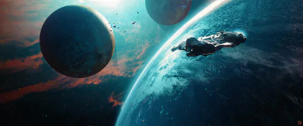 HD PC desktop wallpaper featuring a sci-fi spaceship navigating near a vibrant planet with distant celestial bodies and glowing space elements.