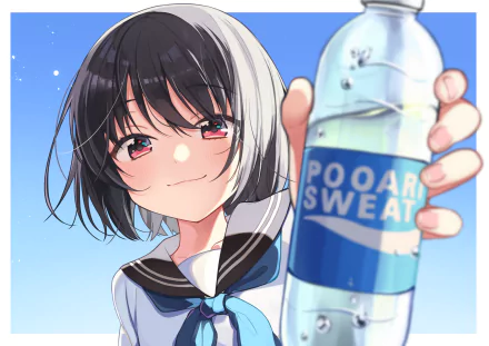 HD anime PC wallpaper featuring a smiling anime girl with short dark hair holding a water bottle labeled Pooar Sweat against a bright blue sky background.